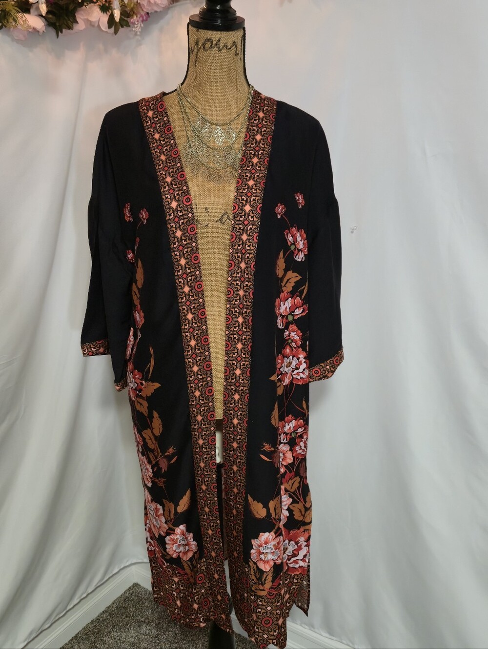 DR2 Black & Rust Printed Trim Open Kimono